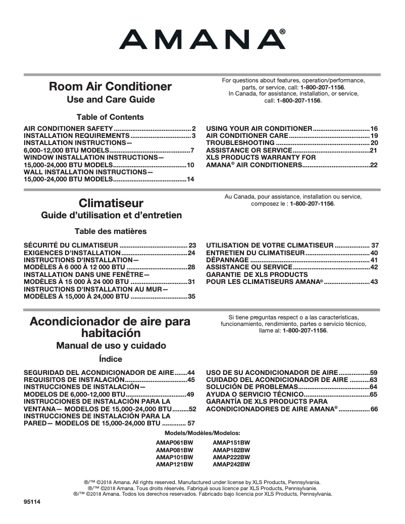 Page 1 de la notice Manuel utilisateur Amana AMAP061CW