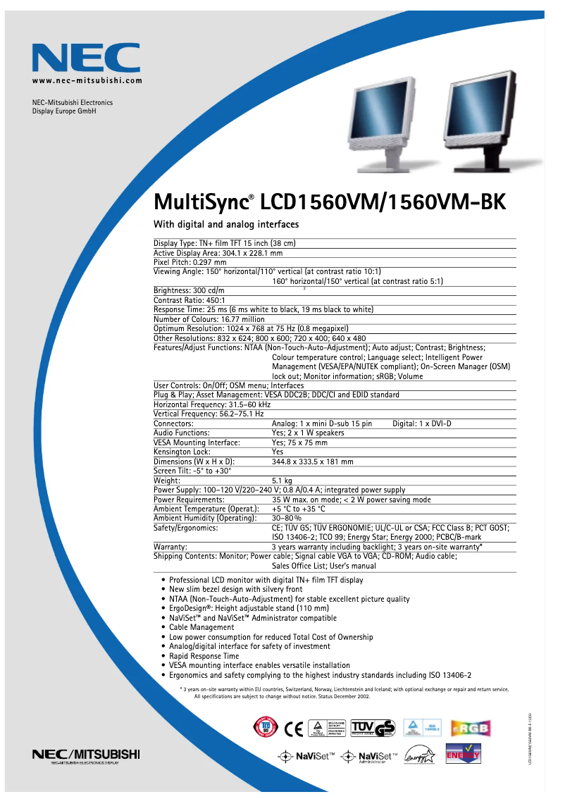 Image de la première page du manuel de l'appareil MultiSync LCD1560VM