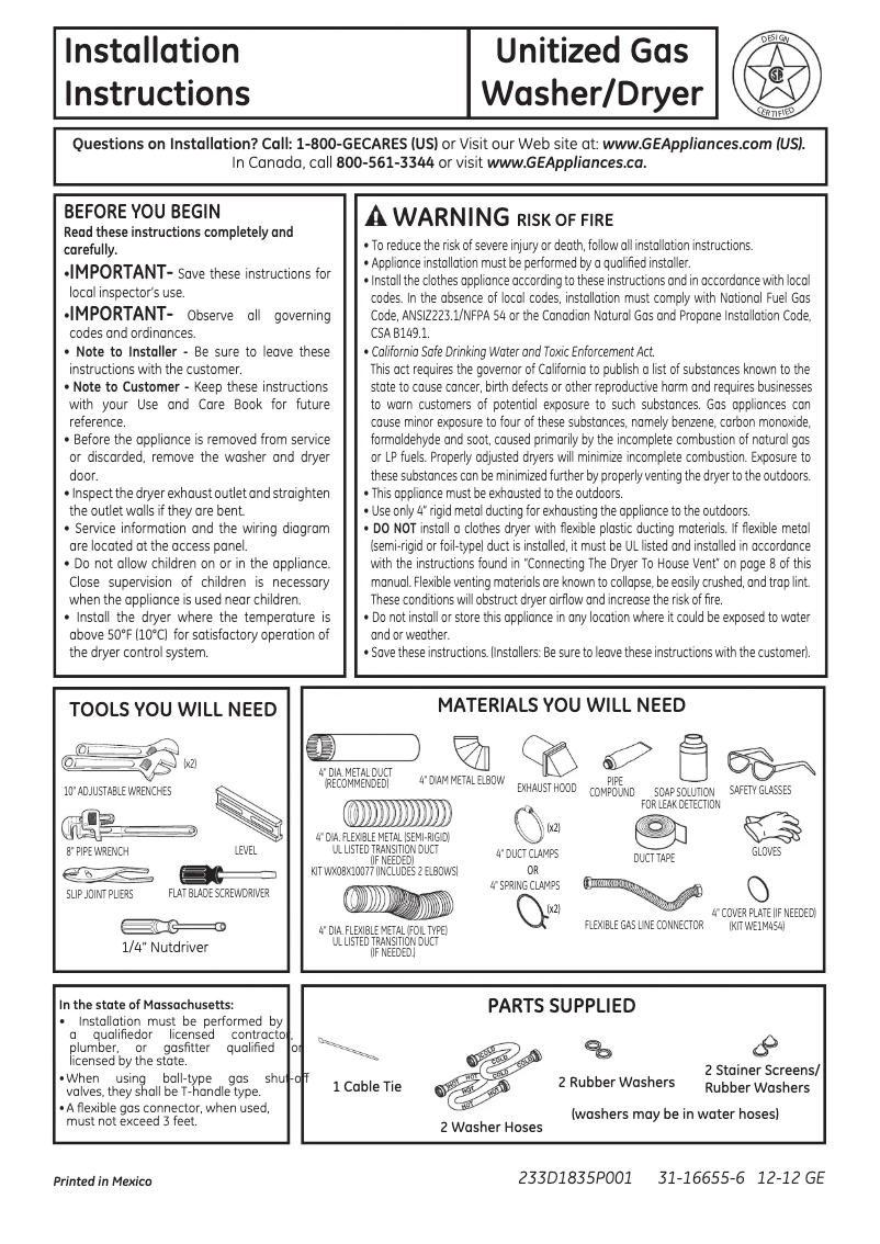 Page 1 de la notice Guide d'installation GE Spacemaker GTUP240GMWW