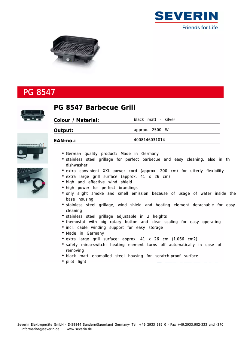 Page 1 de la notice Fiche technique Severin PG 8547