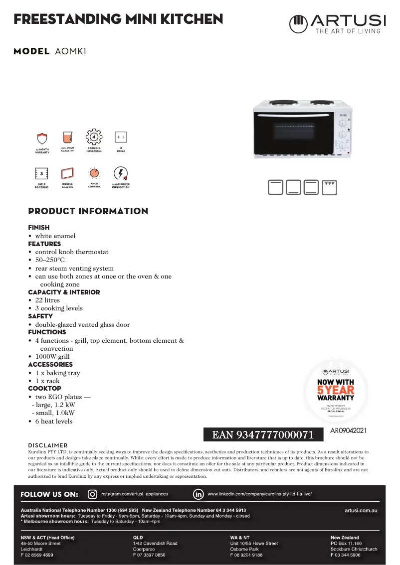 Page 1 de la notice Fiche technique Artusi AOMK1