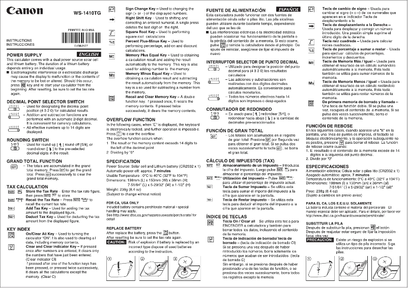 Page 1 de la notice Manuel utilisateur Canon WS-1410TG