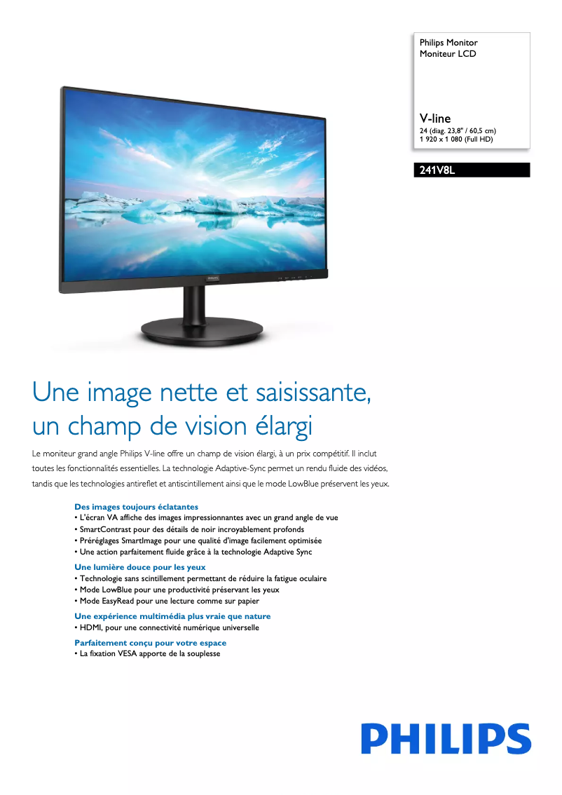 Page 1 de la notice Fiche technique Philips V Line 241V8L