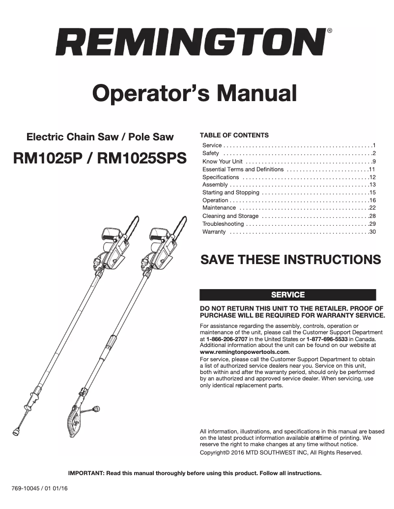 Page n°1 - Manuel utilisateur Remington RM1025SPS