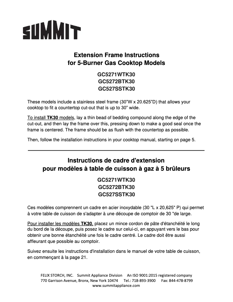 Page n°1 - Manuel d'utilisation et d'entretien Summit GC5272BTK30