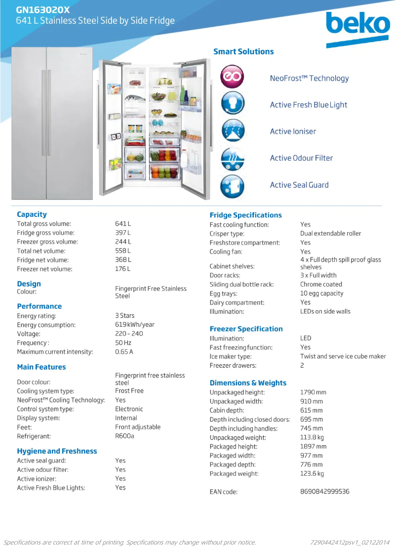 Page 1 de la notice Fiche technique Beko GN163020X