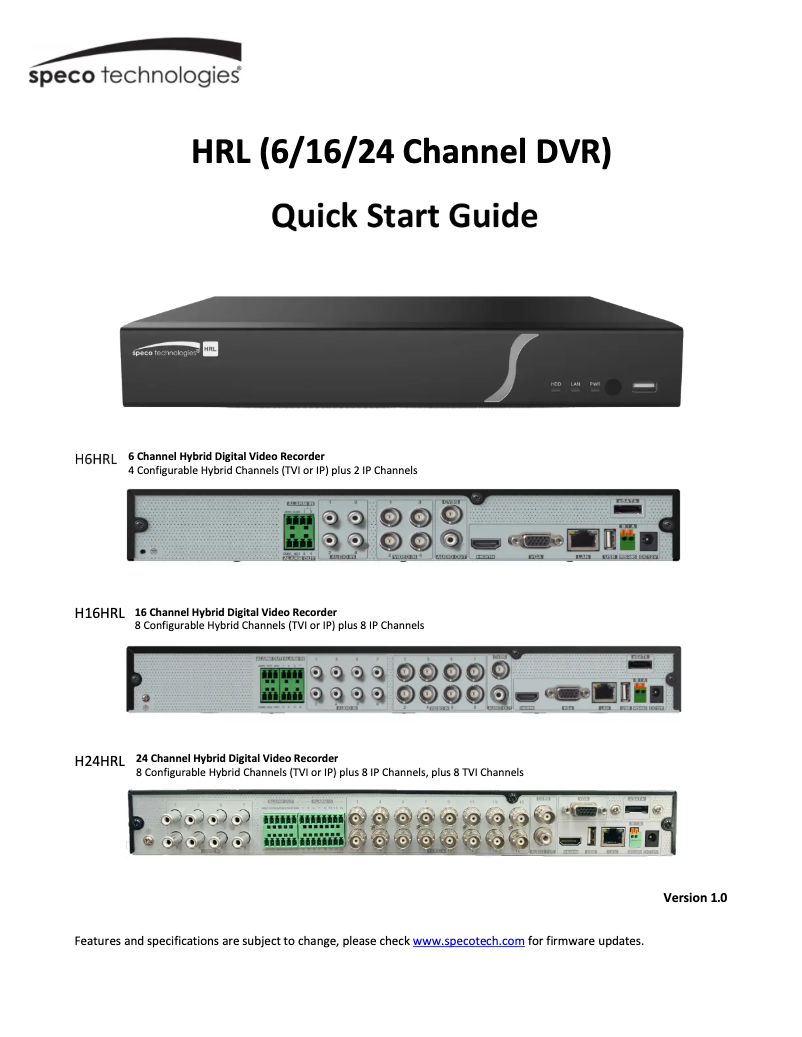 Page n°1 - Guide de démarrage rapide Speco Technologies H24WHRL