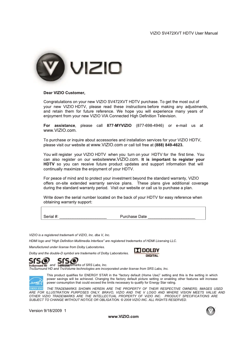 Page 1 de la notice Manuel utilisateur VIZIO SV472XVT