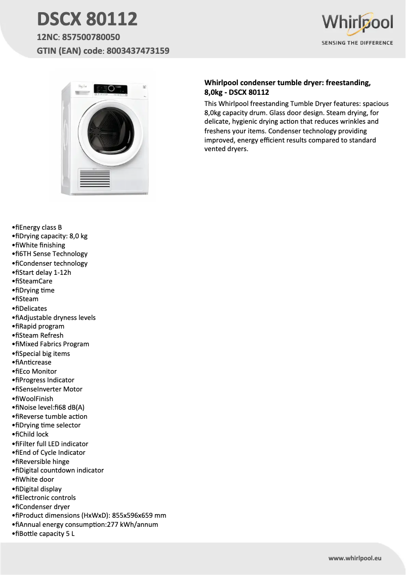 Page 1 de la notice Fiche technique Whirlpool DSCX 80112