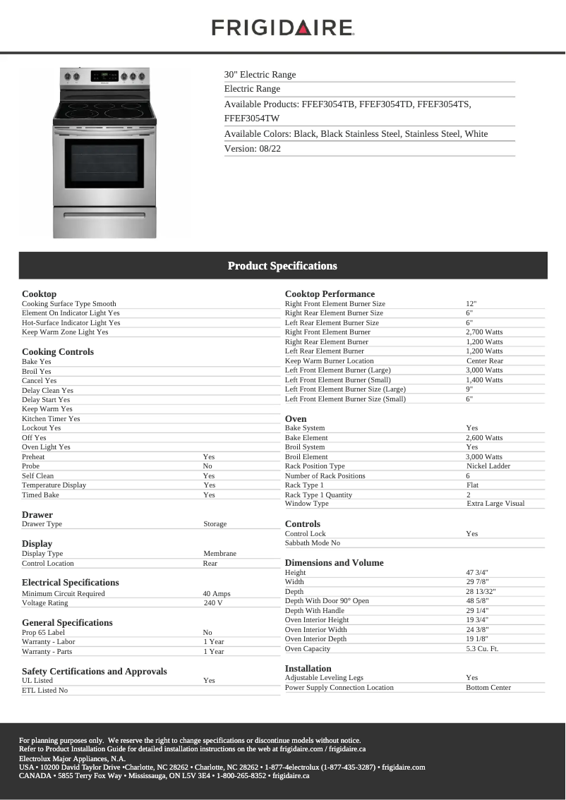 Page n°1 - Fiche technique Frigidaire FFEF3054TB