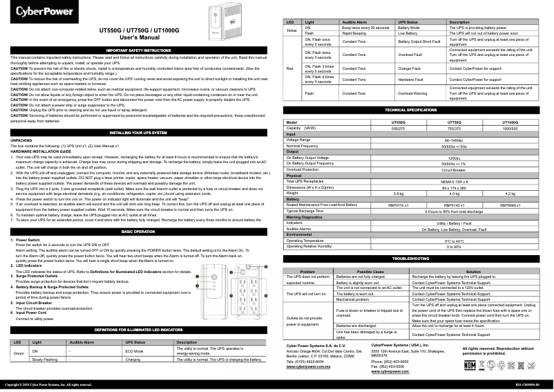 Page 1 de la notice Manuel utilisateur CyberPower UT1000G