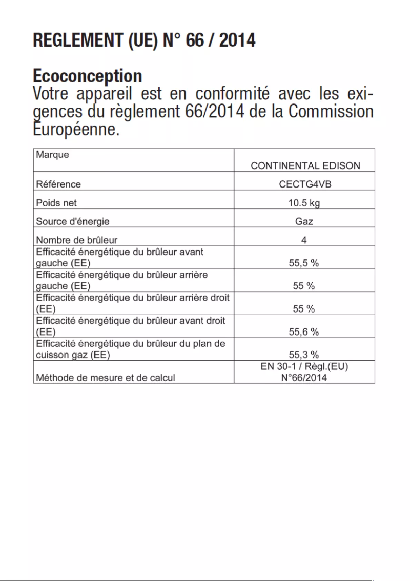 Page 1 de la notice Label énergétique Continental Edison CECTG4VB