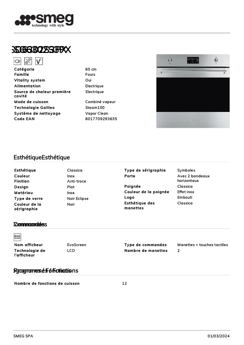 Page 1 de la notice Fiche technique Smeg SO6302S3PX