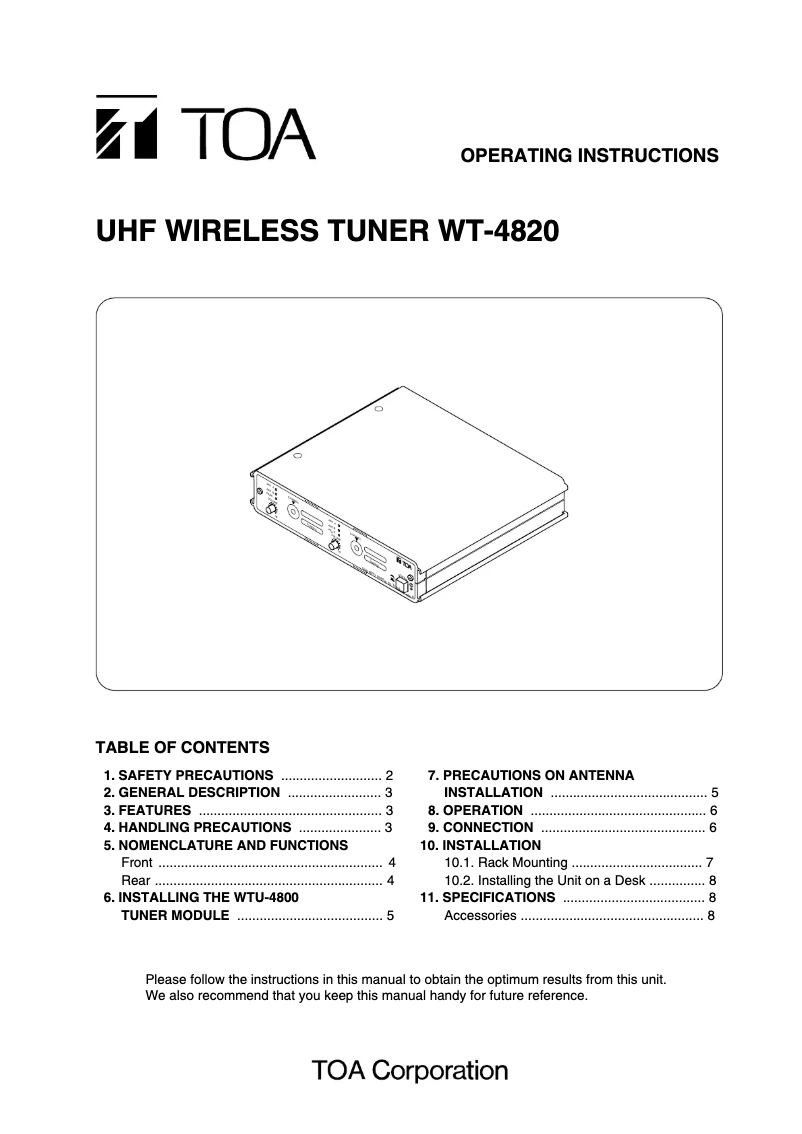Page 1 de la notice Manuel utilisateur TOA WT-4820