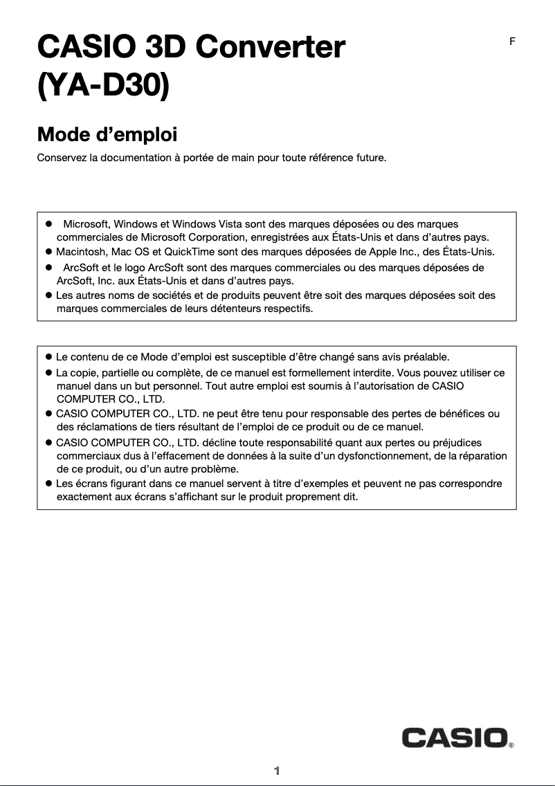 Page 1 de la notice Manuel utilisateur Casio YA-D30