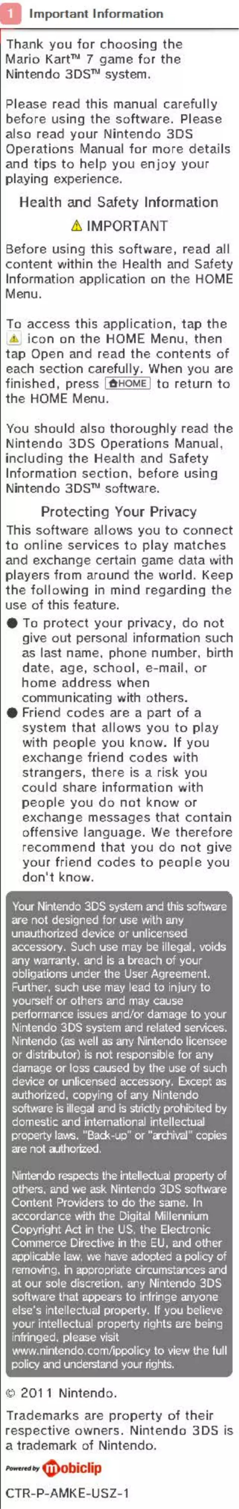 Page 1 of the manual User Manual Nintendo (3DS)Mario Kart 7