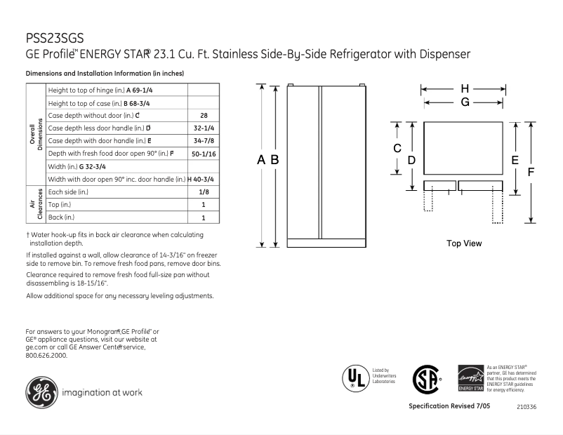 Page 1 de la notice Fiche technique GE Profile PSS23SGSSS