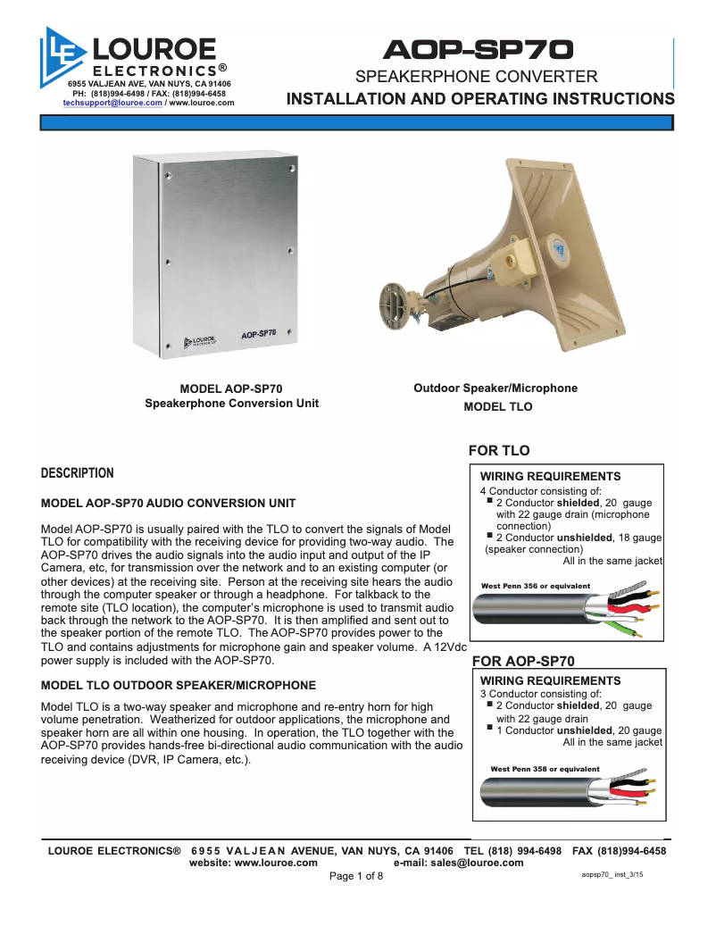 Page 1 de la notice Manuel utilisateur Louroe Electronics AOP-SP70