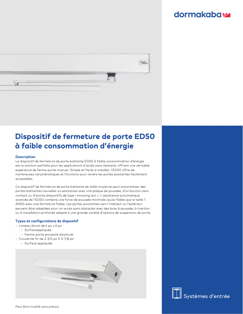 Page n°1 - Fiche technique Dormakaba ED50