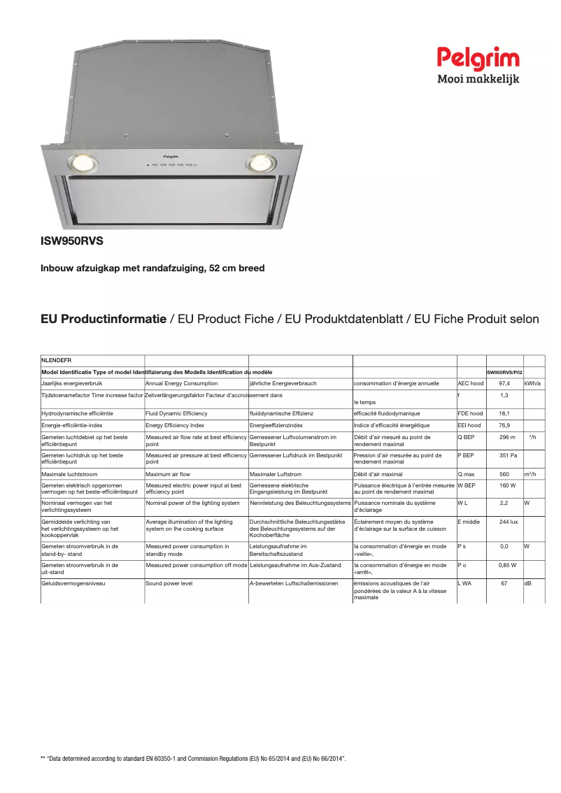 Page 1 de la notice Fiche technique Pelgrim ISW950RVS