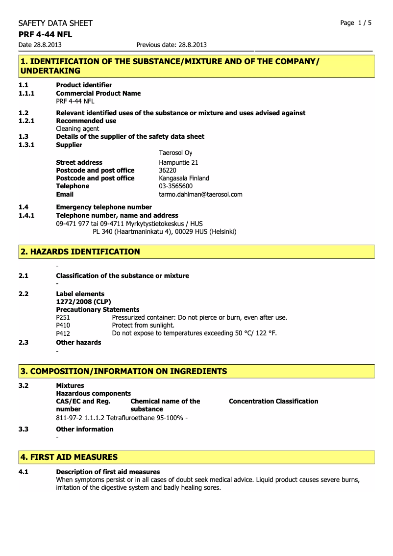 Page n°1 - Manuel utilisateur Taerosol PRF 44/520NFLR