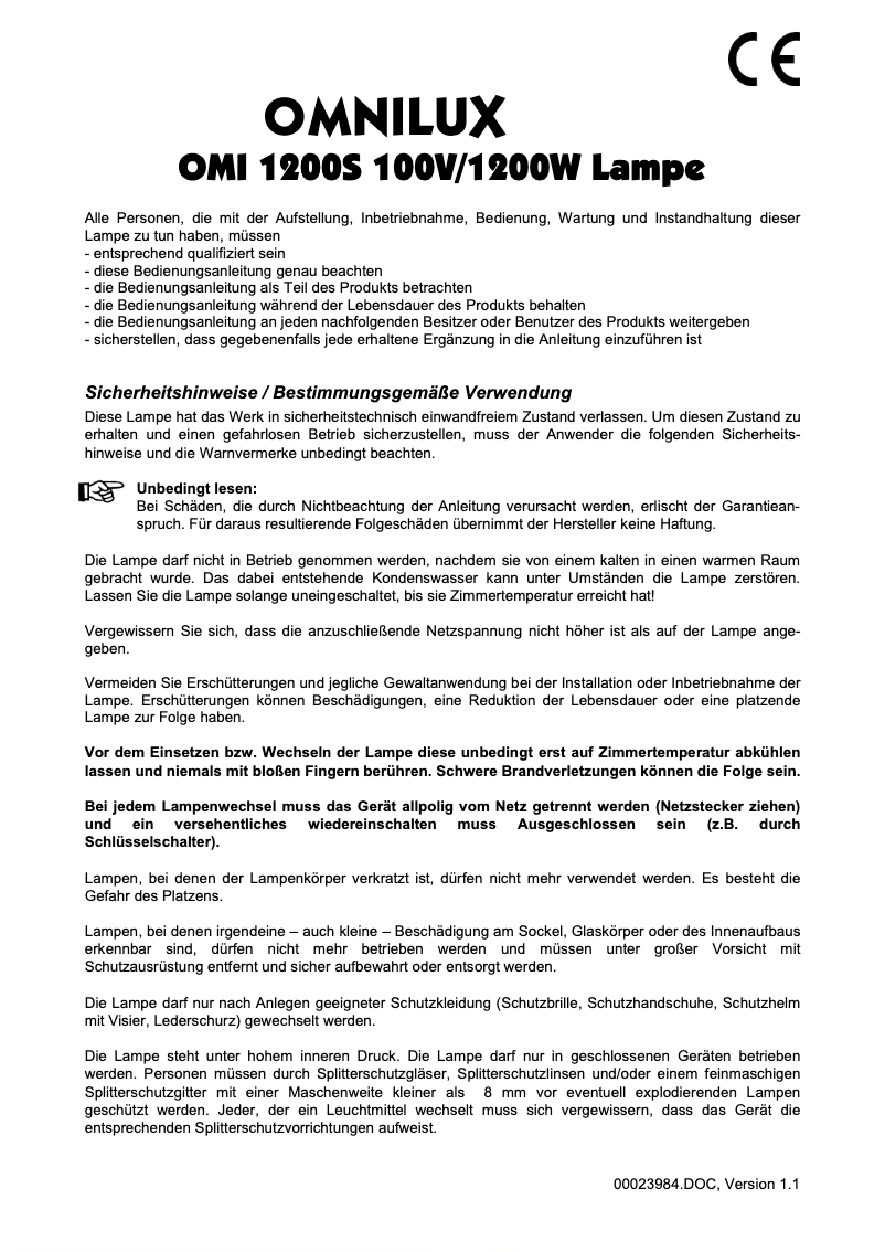 Page 1 de la notice Manuel utilisateur Omnilux OMI 1200