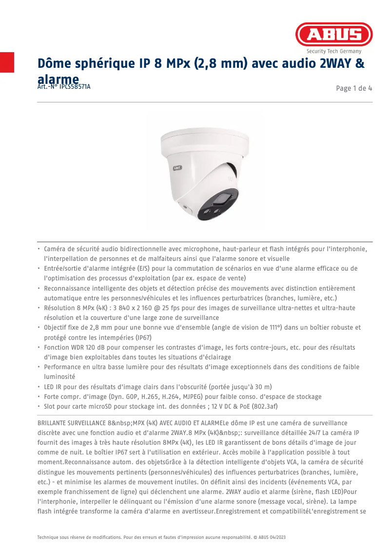 Page n°1 - Fiche technique Abus IPCS58571A