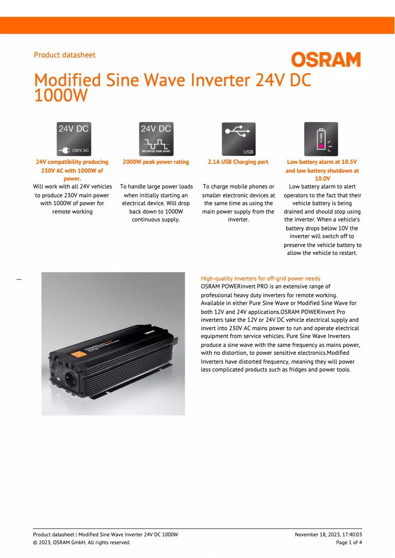 Page n°1 - Fiche technique Osram Modified Sine Wave 24V DC 1000W