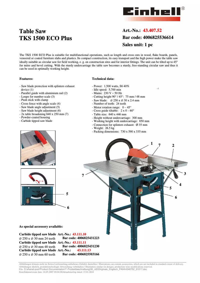 Page 1 de la notice Manuel utilisateur Einhell TKS 1500 ECO Plus