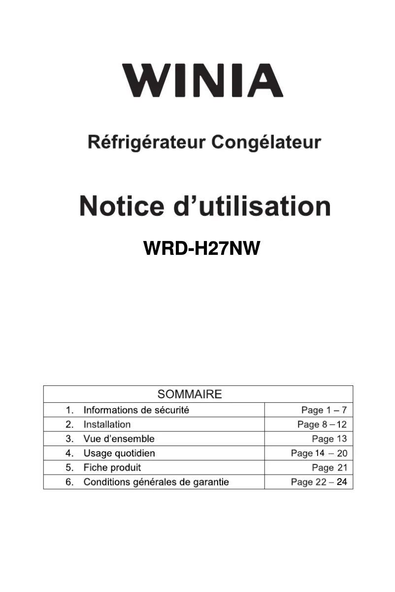 Page n°1 - Manuel utilisateur Winia WRD-H27NW