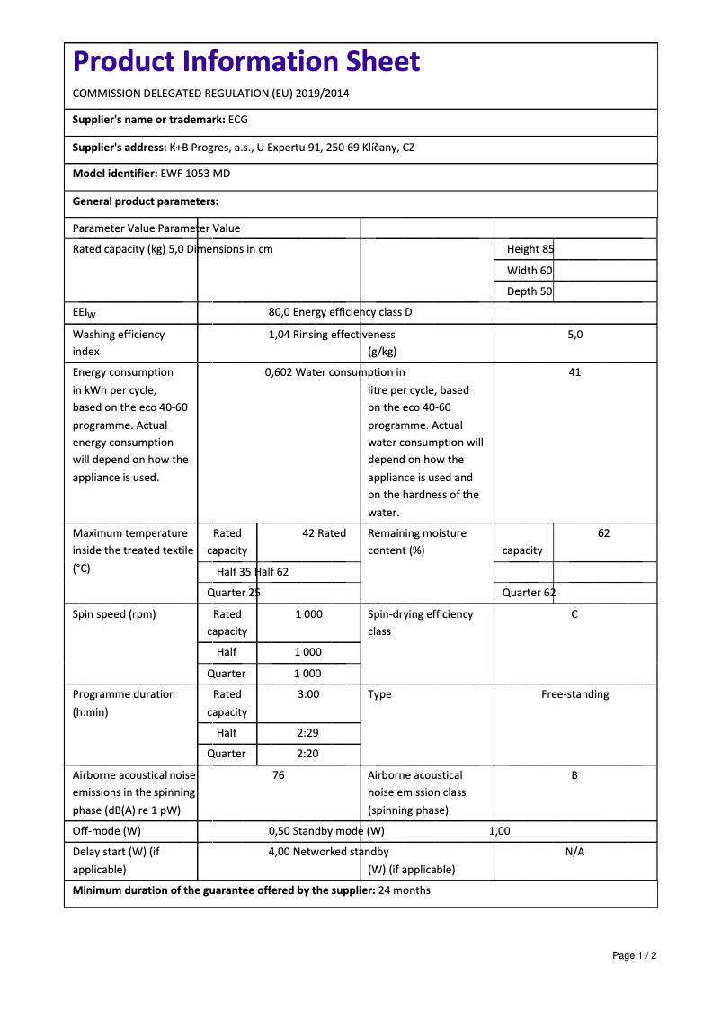 Page 1 de la notice Fiche technique ECG EWF 1053 MD