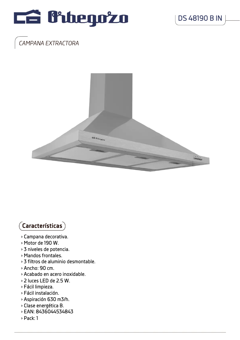 Page 1 de la notice Fiche technique Orbegozo DS 48190 B IN