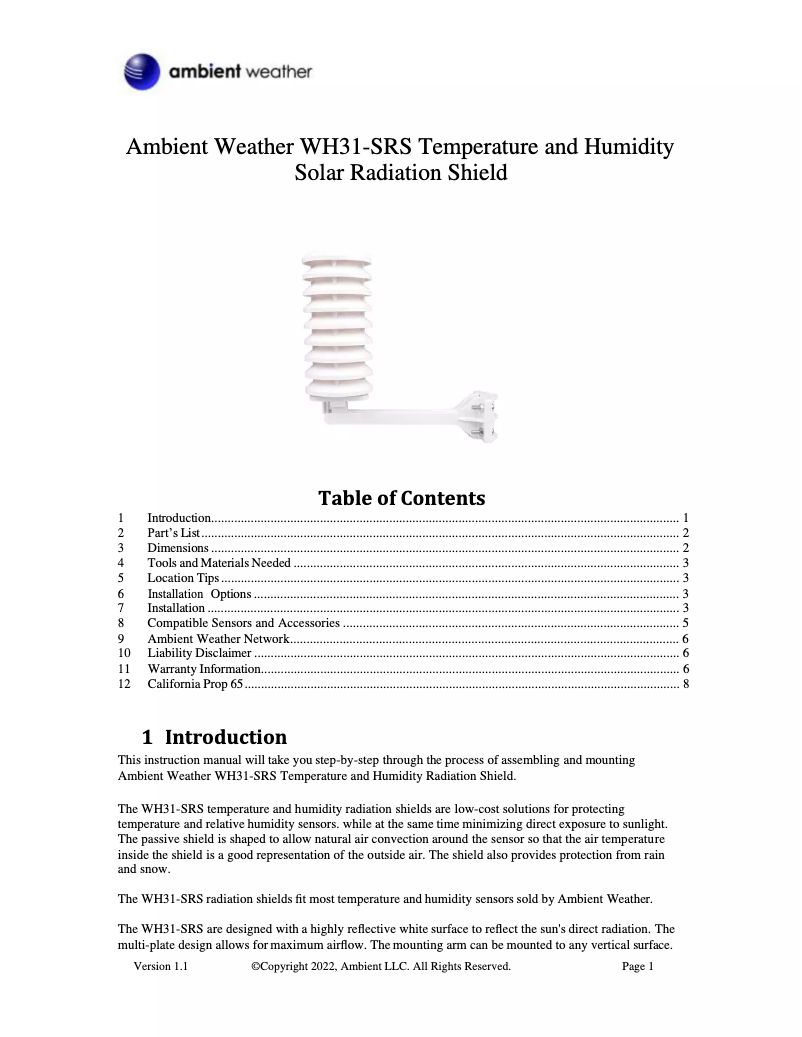 Page n°1 - Manuel utilisateur Ambient Weather WH31-SRS