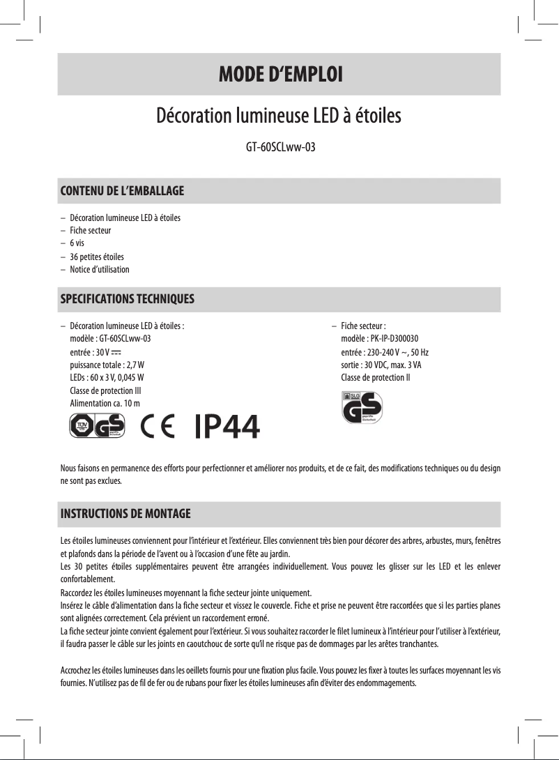 Page 1 de la notice Manuel utilisateur GlobalTronics GT-60SCLww-03