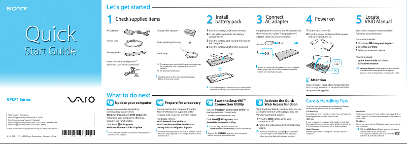 Page n°1 - Guide d'installation Sony Vaio VPCP111KX
