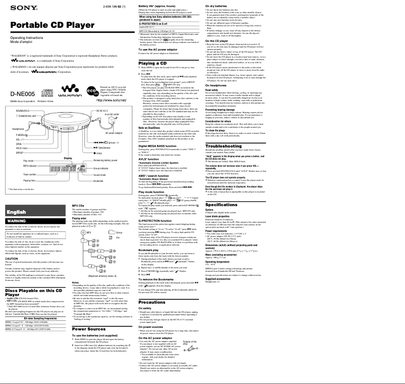 Page n°1 - Manuel utilisateur Sony Walkman D-NE005