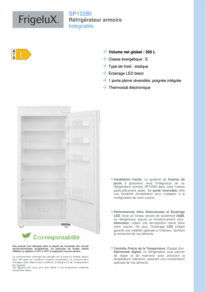 Page 1 de la notice Fiche technique FrigeluX SP122BI