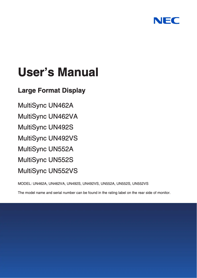 First page image of the manual for MultiSync UN552S
