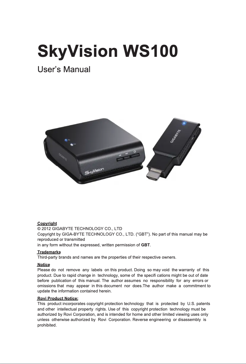 Page 1 de la notice Manuel utilisateur Gigabyte SkyVision WS100
