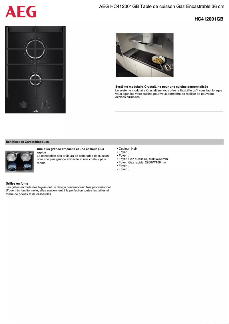 Page 1 de la notice Fiche technique AEG HC412001GB