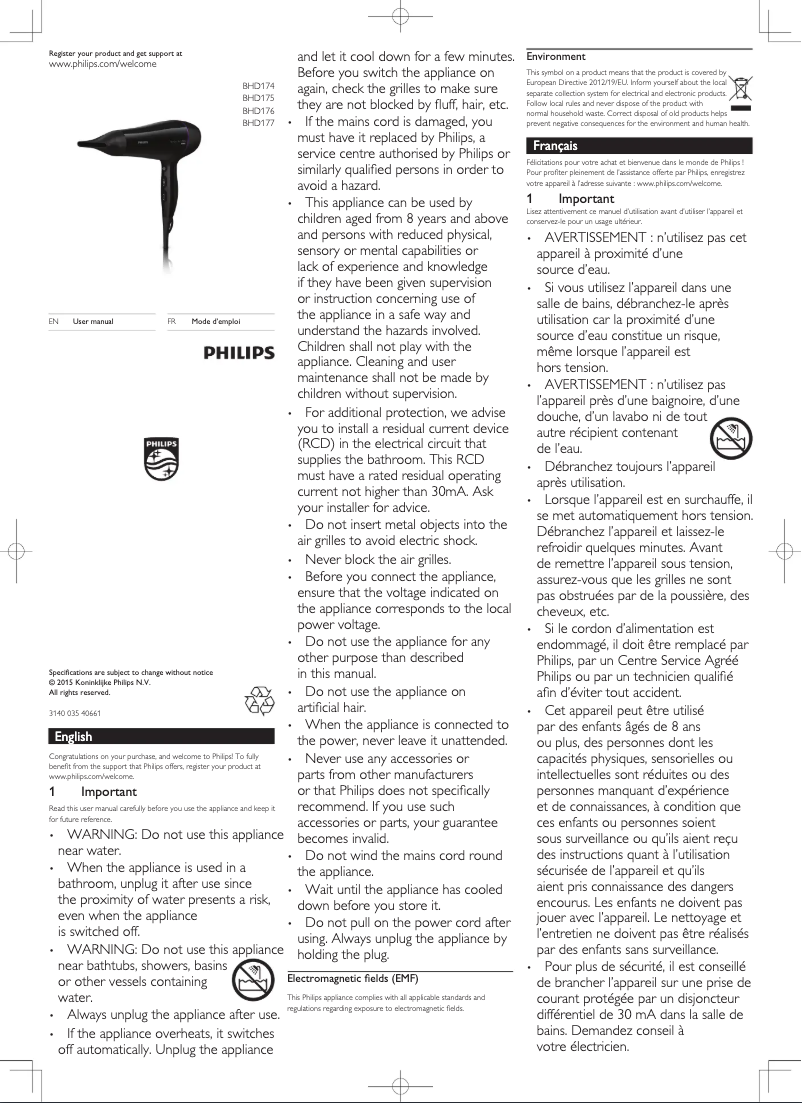 Page 1 de la notice Manuel utilisateur Philips DryCare BHD175