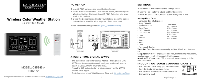 Page n°1 - Guide de démarrage rapide La Crosse Technology C85845v6