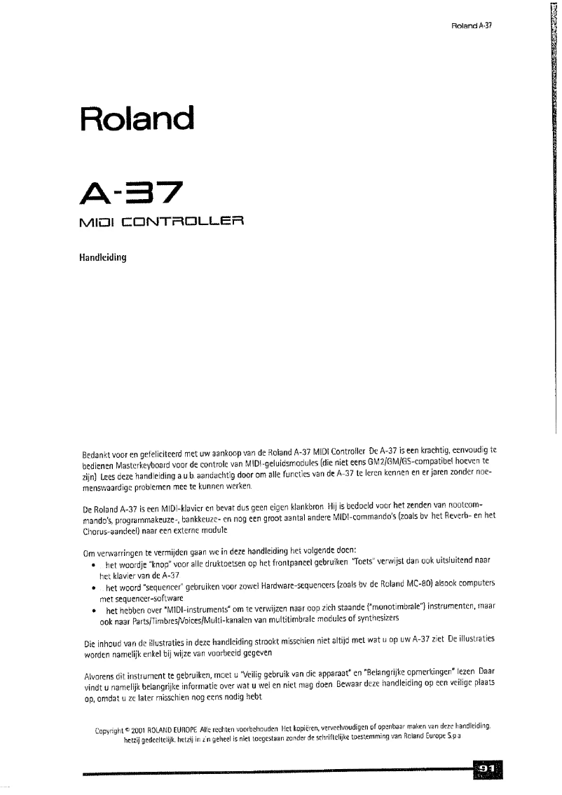 Page 1 de la notice Manuel utilisateur Roland A37