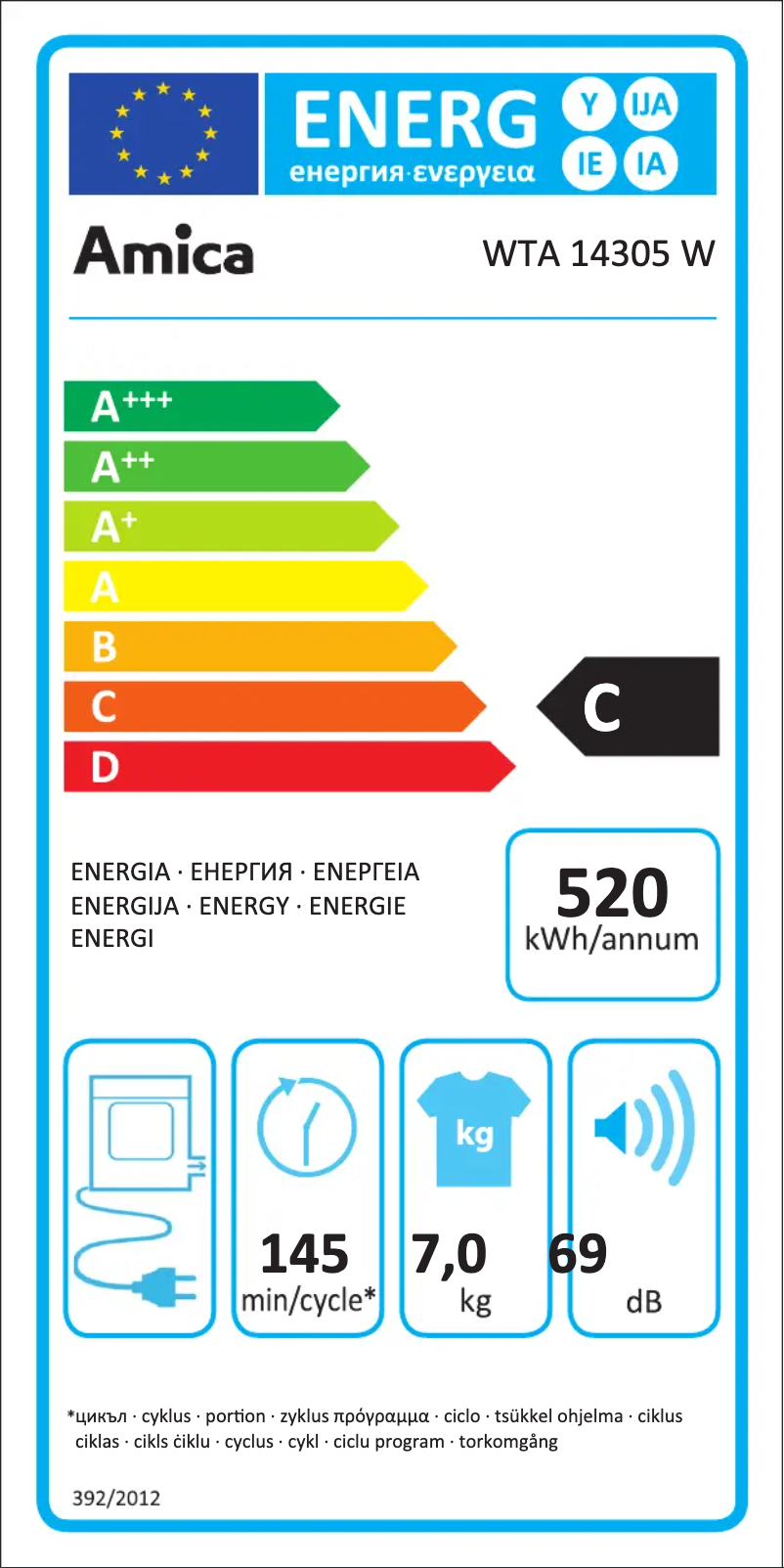 Page 1 de la notice Label énergétique Amica WTA 14305 W