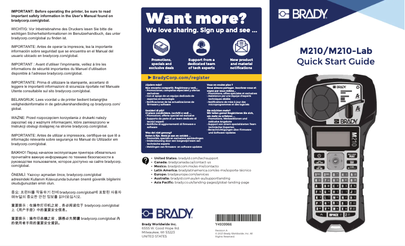 Page 1 de la notice Guide de démarrage rapide Brady M210