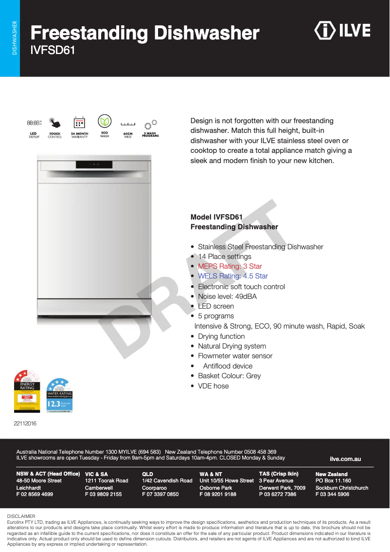 Page 1 de la notice Fiche technique Ilve IVFSD61
