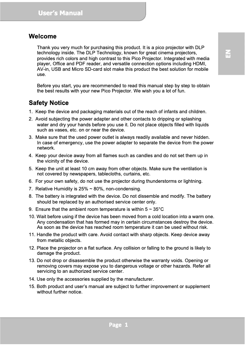 Page 1 de la notice Manuel utilisateur Aiptek PocketCinema V60