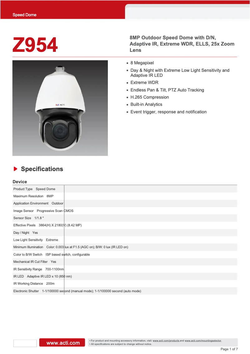 Page 1 de la notice Fiche technique ACTi Z954