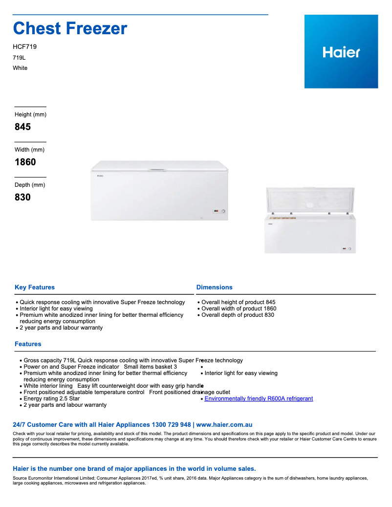 Page 1 de la notice Fiche technique Haier HCF719
