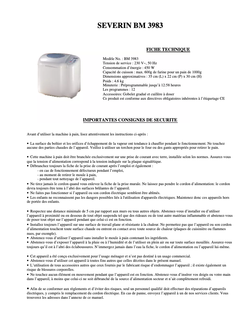 Image de la première page du manuel de l'appareil BM 3983